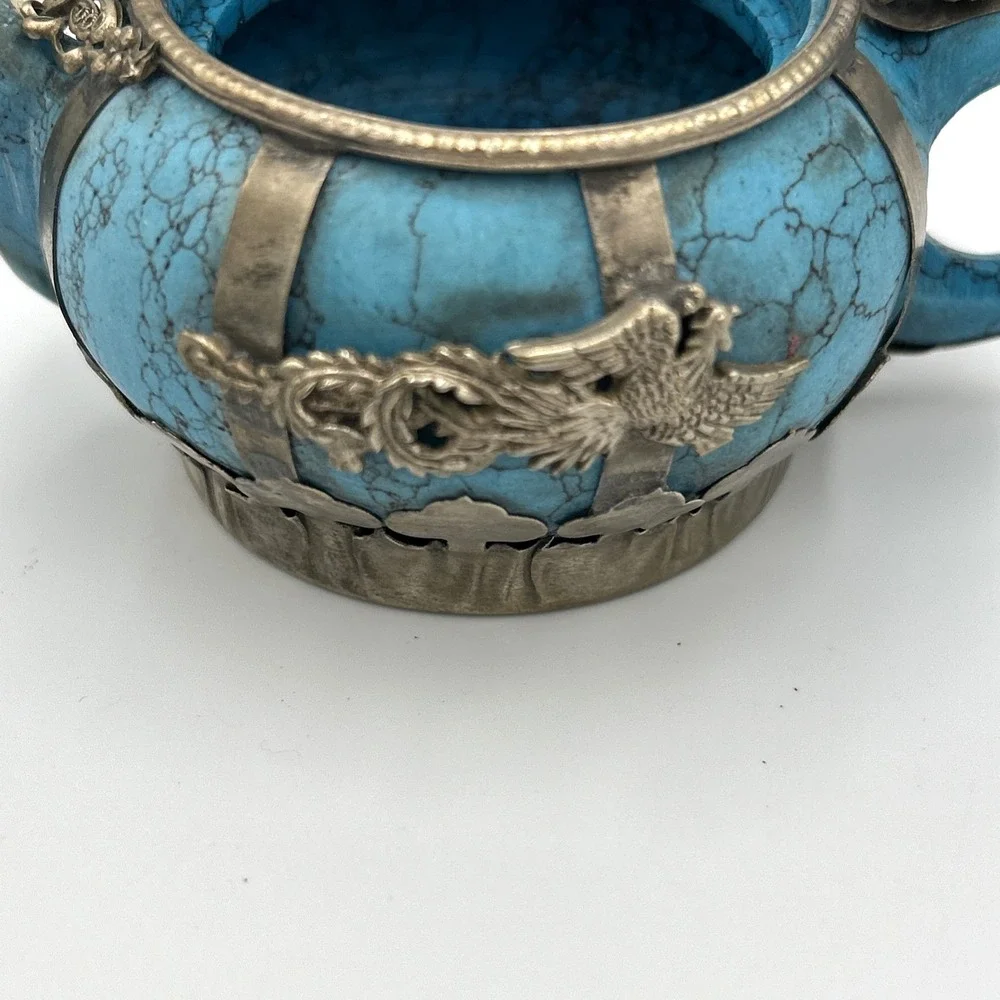 Oriental Turquoise Miniature Teapot with Silver Accents Dragon Phoenix